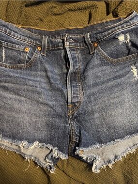 Levi's Distressed Raw Hem Denim Shorts - Blue